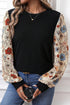Mixed Print Puff Sleeve Round Neck Long Sleeve Top