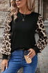 Mixed Print Puff Sleeve Round Neck Long Sleeve Top