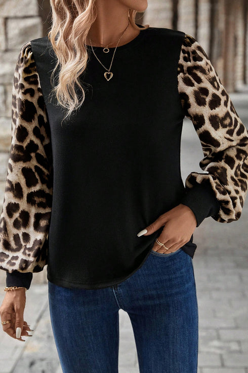 Mixed Print Puff Sleeve Round Neck Long Sleeve Top