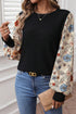 Mixed Print Puff Sleeve Round Neck Long Sleeve Top