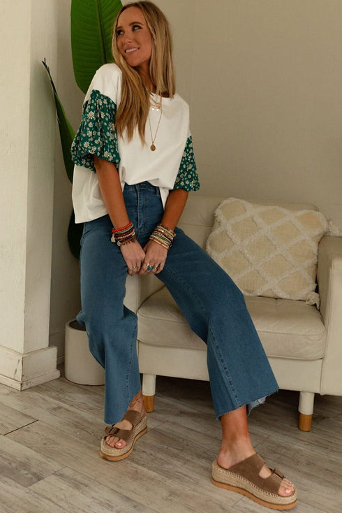 Mixed Print Puff Sleeve Split Neck Oversized Top