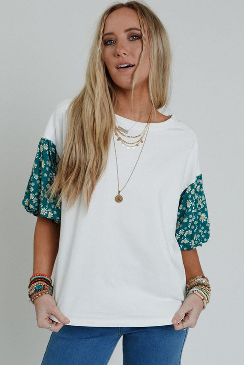 Mixed Print Puff Sleeve Split Neck Oversized Top