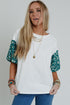 Mixed Print Puff Sleeve Split Neck Oversized Top