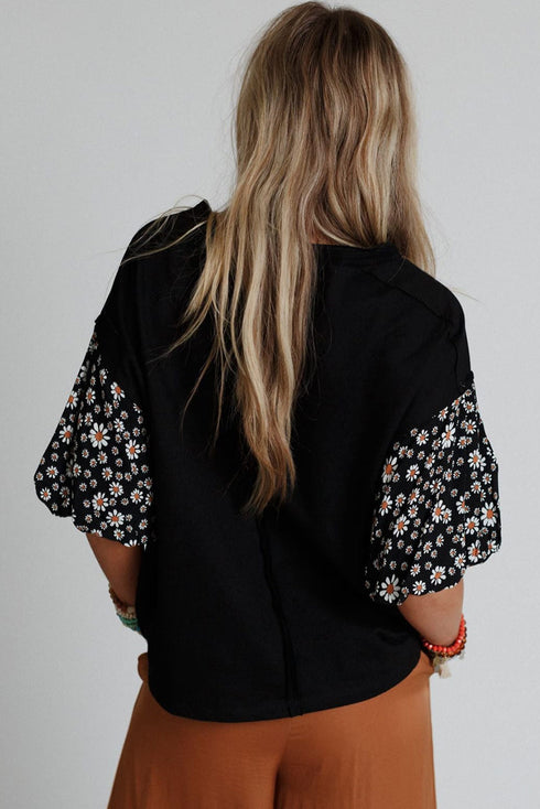 Mixed Print Puff Sleeve Split Neck Oversized Top