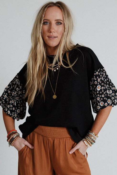 Mixed Print Puff Sleeve Split Neck Oversized Top