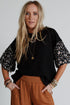 Mixed Print Puff Sleeve Split Neck Oversized Top