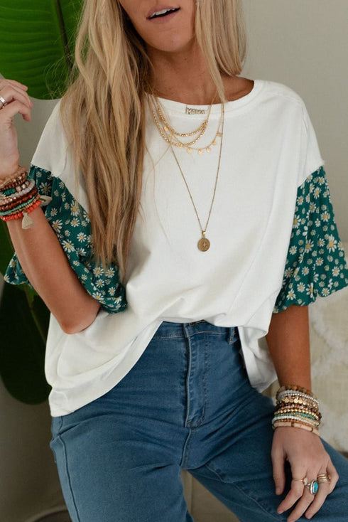 Mixed Print Puff Sleeve Split Neck Oversized Top