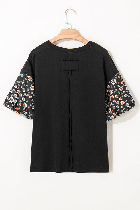 Mixed Print Puff Sleeve Split Neck Oversized Top