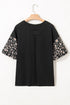 Mixed Print Puff Sleeve Split Neck Oversized Top