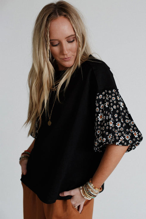 Mixed Print Puff Sleeve Split Neck Oversized Top