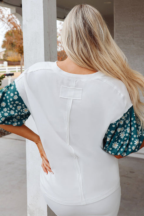 Mixed Print Puff Sleeve Split Neck Oversized Top