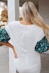 Mixed Print Puff Sleeve Split Neck Oversized Top