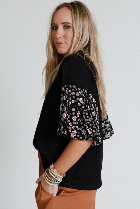 Mixed Print Puff Sleeve Split Neck Oversized Top