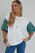 Mixed Print Puff Sleeve Split Neck Oversized Top