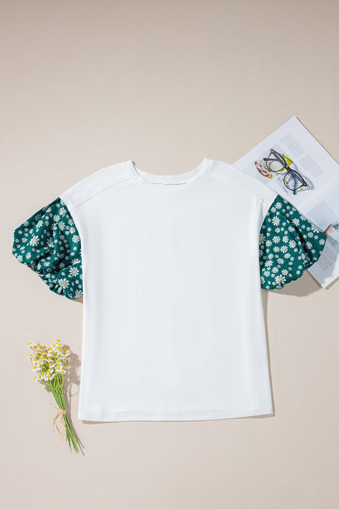 Mixed Print Puff Sleeve Split Neck Oversized Top
