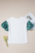 Mixed Print Puff Sleeve Split Neck Oversized Top