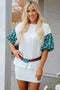 Mixed Print Puff Sleeve Split Neck Oversized Top