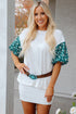 Mixed Print Puff Sleeve Split Neck Oversized Top