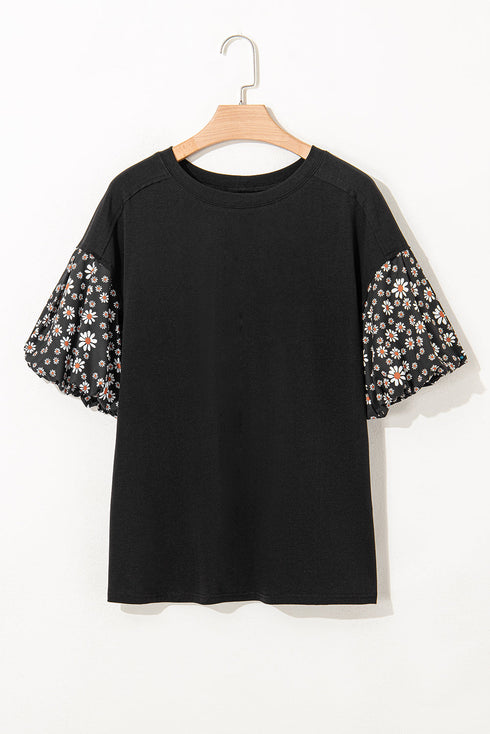 Mixed Print Puff Sleeve Split Neck Oversized Top