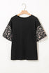 Mixed Print Puff Sleeve Split Neck Oversized Top