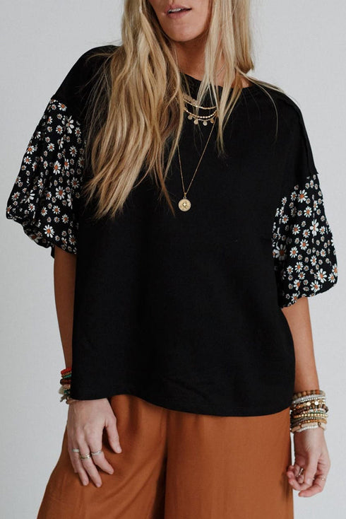 Mixed Print Puff Sleeve Split Neck Oversized Top