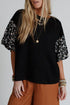 Mixed Print Puff Sleeve Split Neck Oversized Top