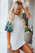 Mixed Print Puff Sleeve Split Neck Oversized Top