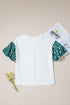 Mixed Print Puff Sleeve Split Neck Oversized Top