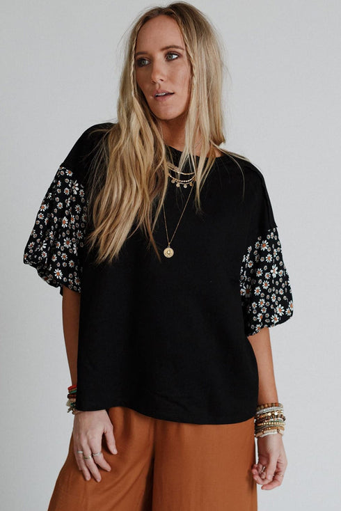 Mixed Print Puff Sleeve Split Neck Oversized Top