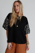 Mixed Print Puff Sleeve Split Neck Oversized Top