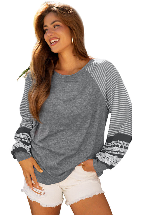 Mixed Print Raglan Sleeve Heathered Knit Top