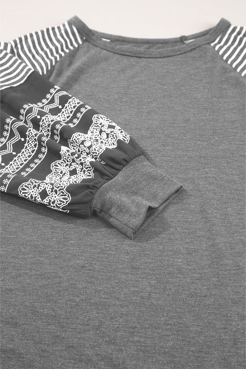 Mixed Print Raglan Sleeve Heathered Knit Top