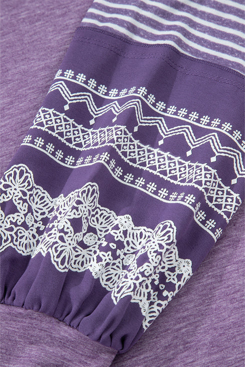 Mixed Print Raglan Sleeve Heathered Knit Top