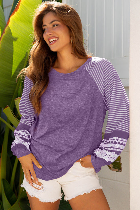 Mixed Print Raglan Sleeve Heathered Knit Top