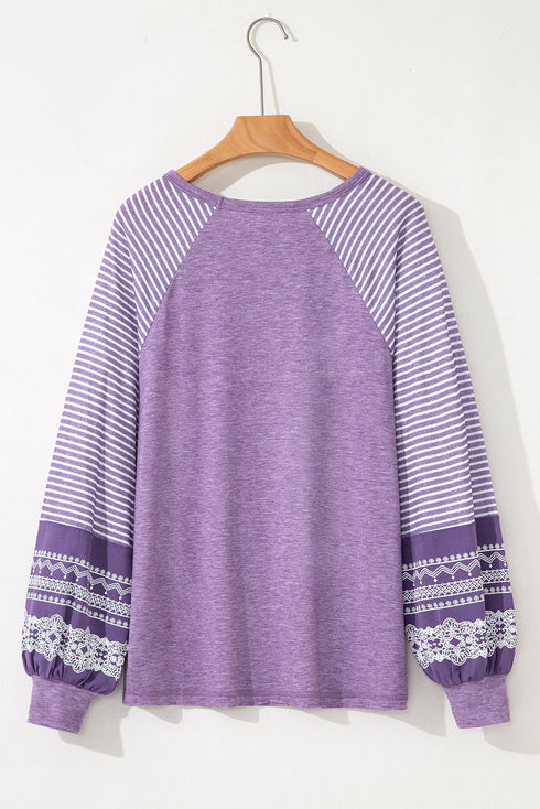 Mixed Print Raglan Sleeve Heathered Knit Top