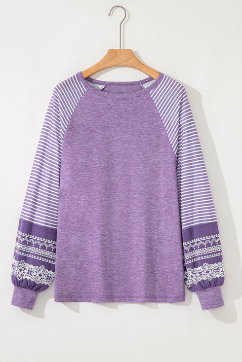 Mixed Print Raglan Sleeve Heathered Knit Top