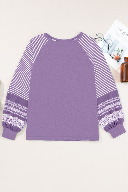 Mixed Print Raglan Sleeve Heathered Knit Top