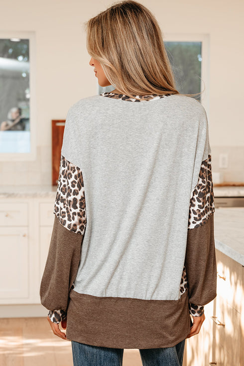 Mixed Print Raw Edge Long Sleeve Tunic Top