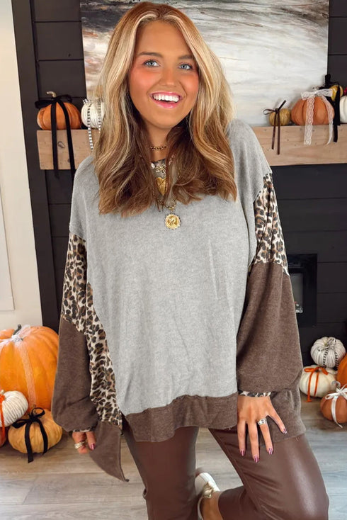 Mixed Print Raw Edge Long Sleeve Tunic Top