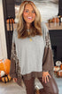 Mixed Print Raw Edge Long Sleeve Tunic Top