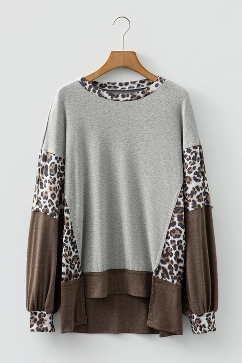 Mixed Print Raw Edge Long Sleeve Tunic Top