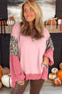 Mixed Print Raw Edge Long Sleeve Tunic Top