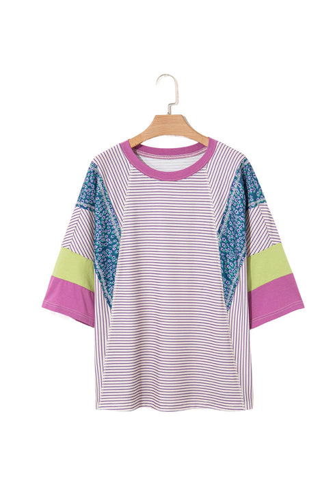 Mixed Print Raw Edge Patchwork Bracelet Sleeve Blouse