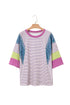 Mixed Print Raw Edge Patchwork Bracelet Sleeve Blouse