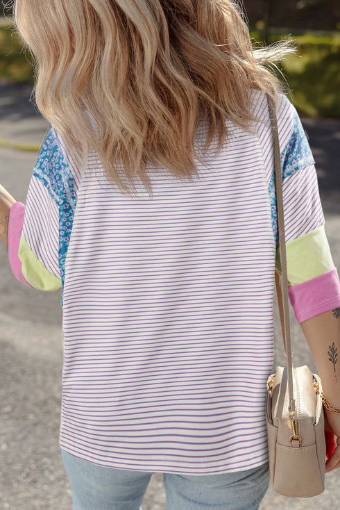 Mixed Print Raw Edge Patchwork Bracelet Sleeve Blouse