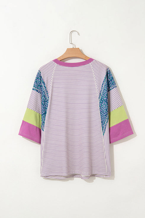 Mixed Print Raw Edge Patchwork Bracelet Sleeve Blouse