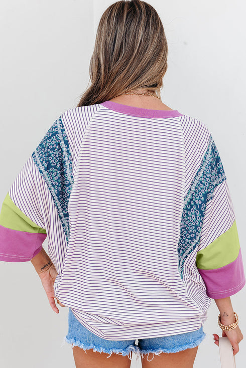 Mixed Print Raw Edge Patchwork Bracelet Sleeve Blouse