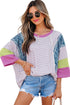 Mixed Print Raw Edge Patchwork Bracelet Sleeve Blouse