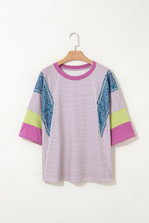 Mixed Print Raw Edge Patchwork Bracelet Sleeve Blouse