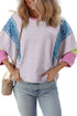 Mixed Print Raw Edge Patchwork Bracelet Sleeve Blouse